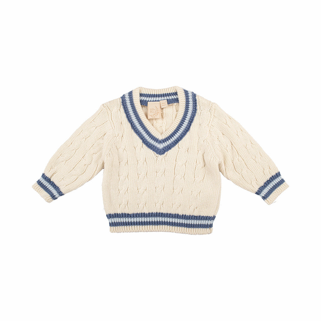 Cream Baby Cricket Jumper with Blue Stripes