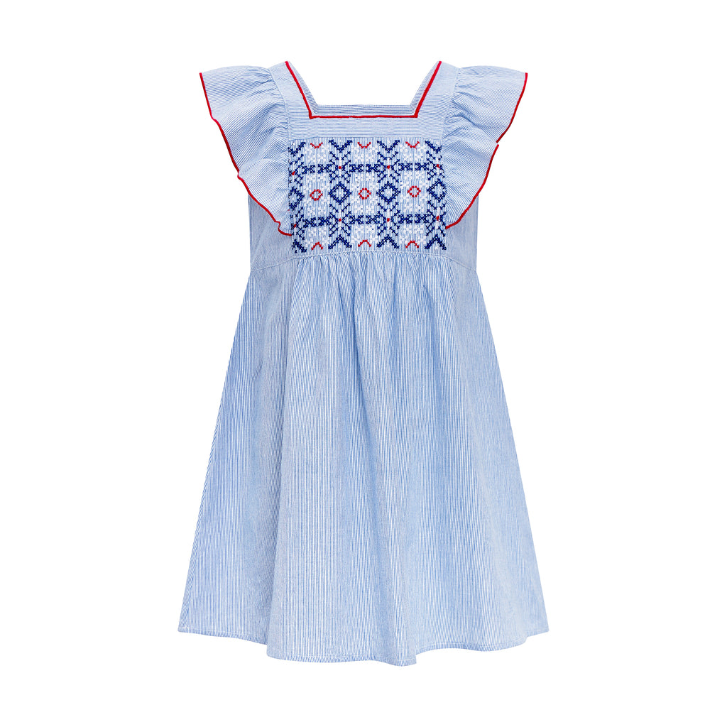 Girls Blue Gingham Frill Sleeve Dress