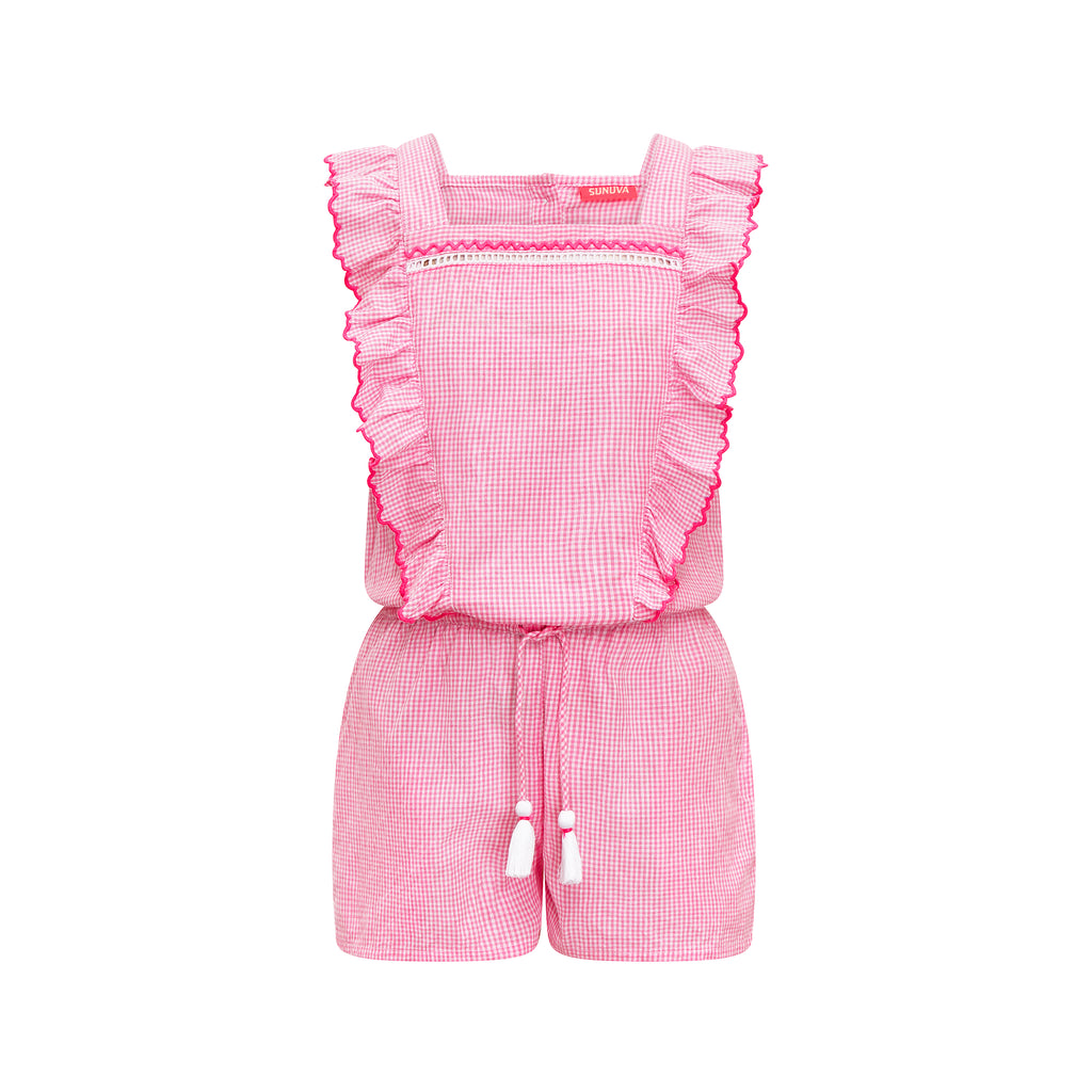 Girls Pink Gingham Frill Playsuit