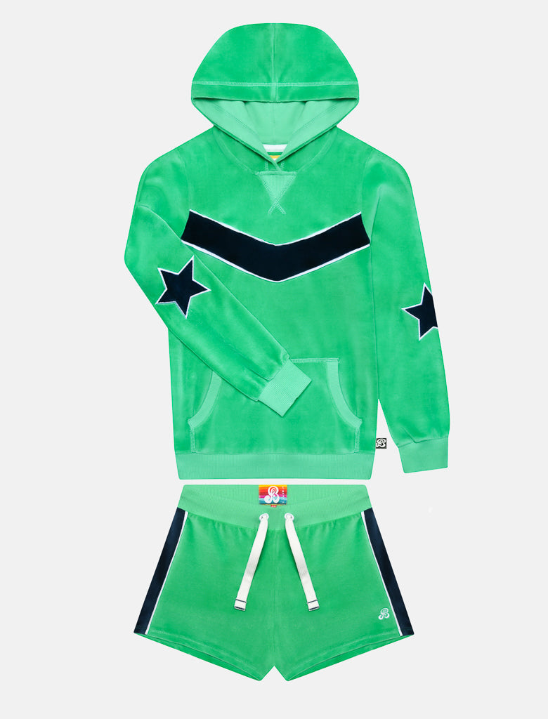 Girl's Velour Pullover Hoodie - The Sports Star - Bright Green/Dress Blue