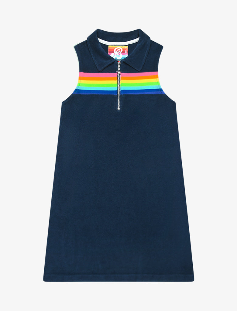 Girls Terry Dress - Rainbow Stripe - Dress Blue