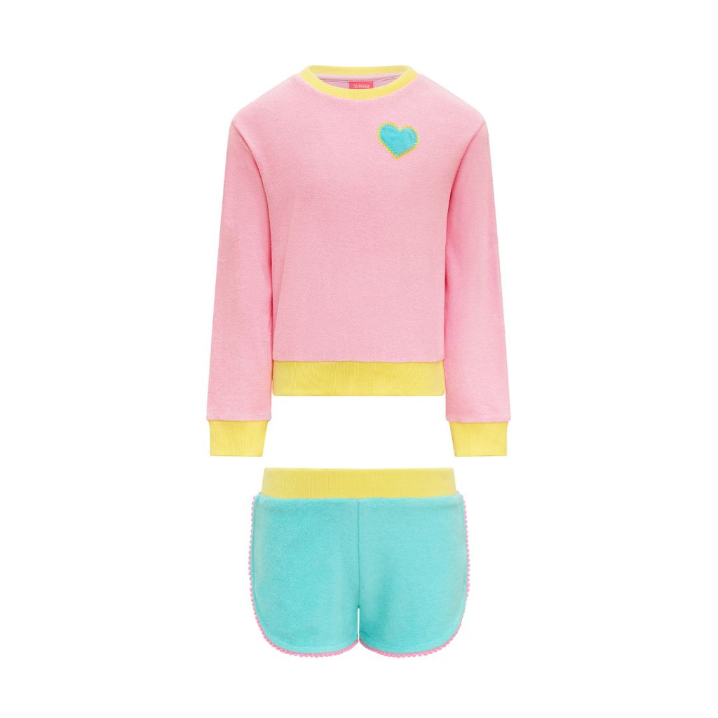 Girls Pastel Colour Block Towelling Long Sleeve Short Set