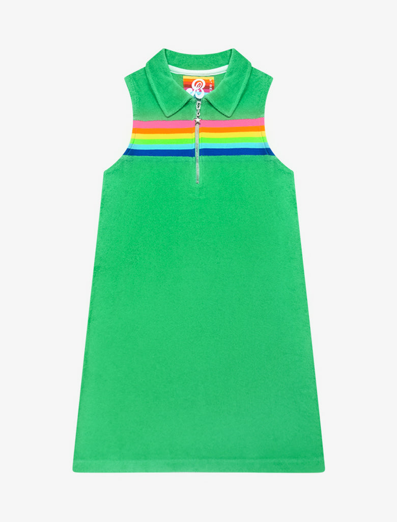 Girls Terry Dress - Rainbow Stripe - Bright Green