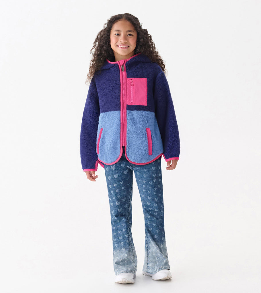 Girls Royal Blue Colourblock Faux Sherpa Jacket