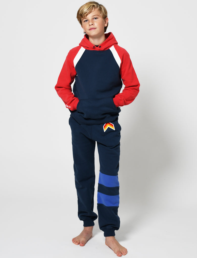 Kids Pullover Hoodie - Retro Panel - Dress Blue/Poppy Red