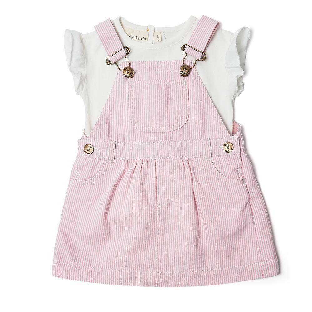 Cotton Denim Adjustable Overall Dress, Pink Stripe Dress