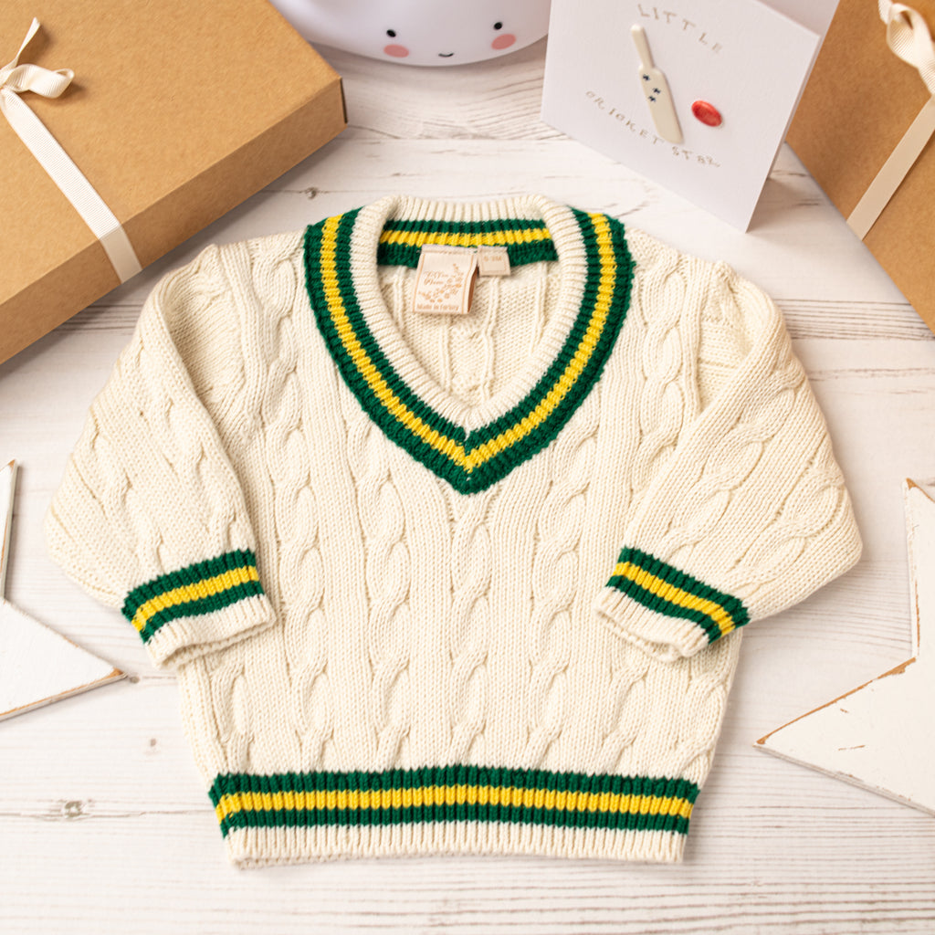 Boys Cricket Jumper Cream With Green And Yellow Stripes