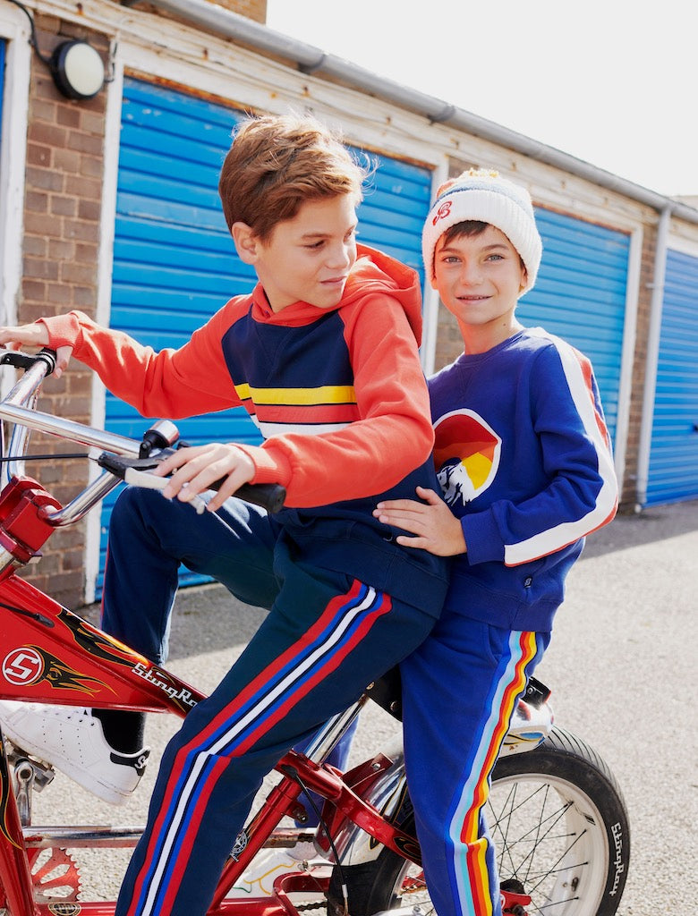 Kids Pullover Hoodie - Chest Stripe - Dress Blue/Poppy Red