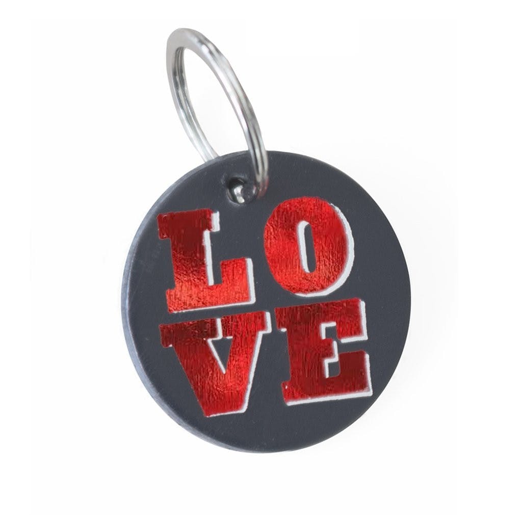Love Key Ring - Red Letters Black Leather