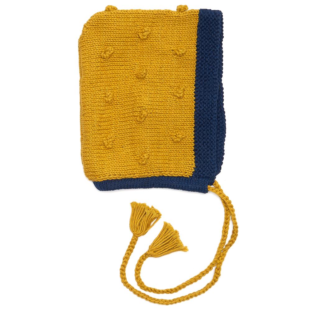 Organic Cotton Pixie bonnet Mustard/ Navy