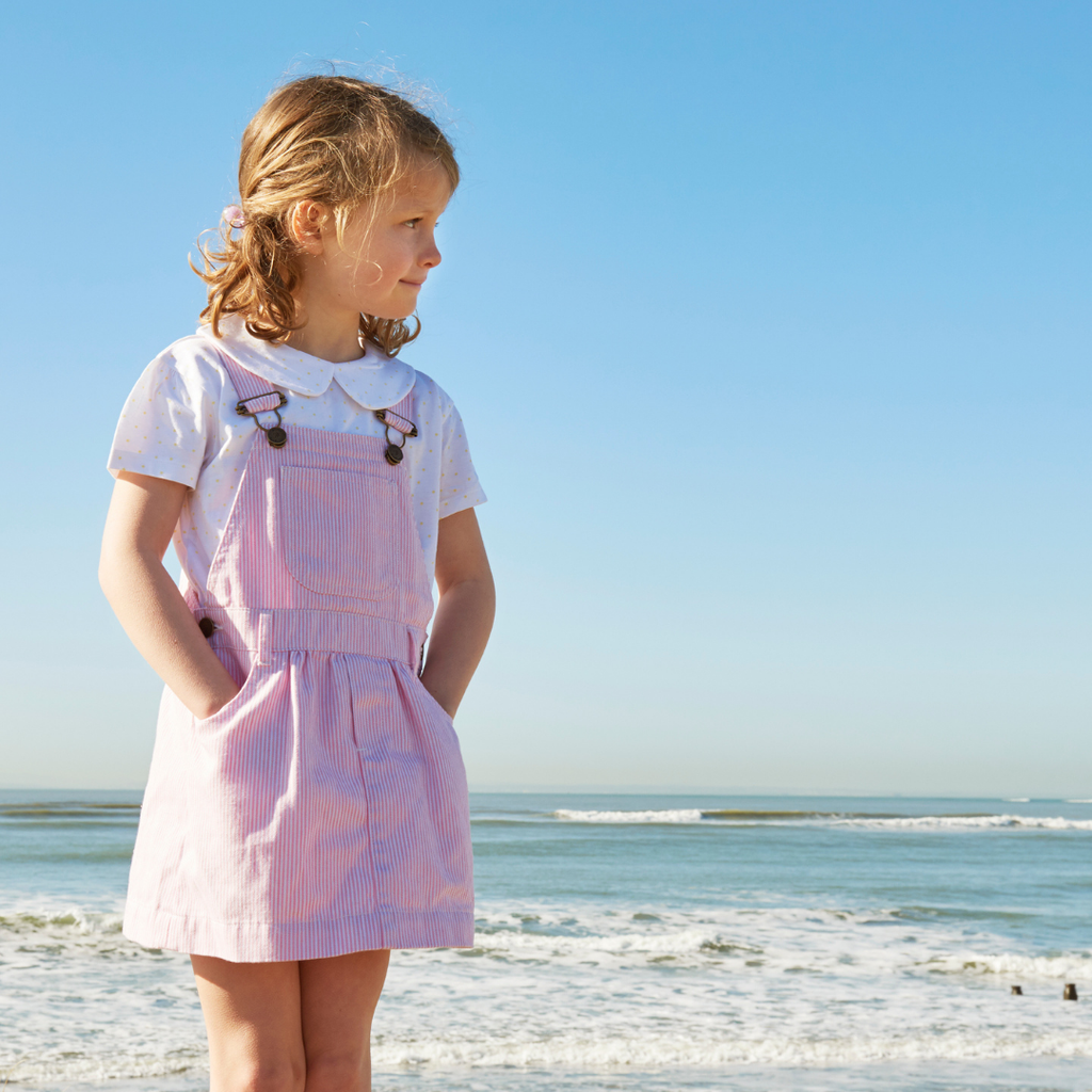 Cotton Denim Adjustable Overall Dress, Pink Stripe Dress