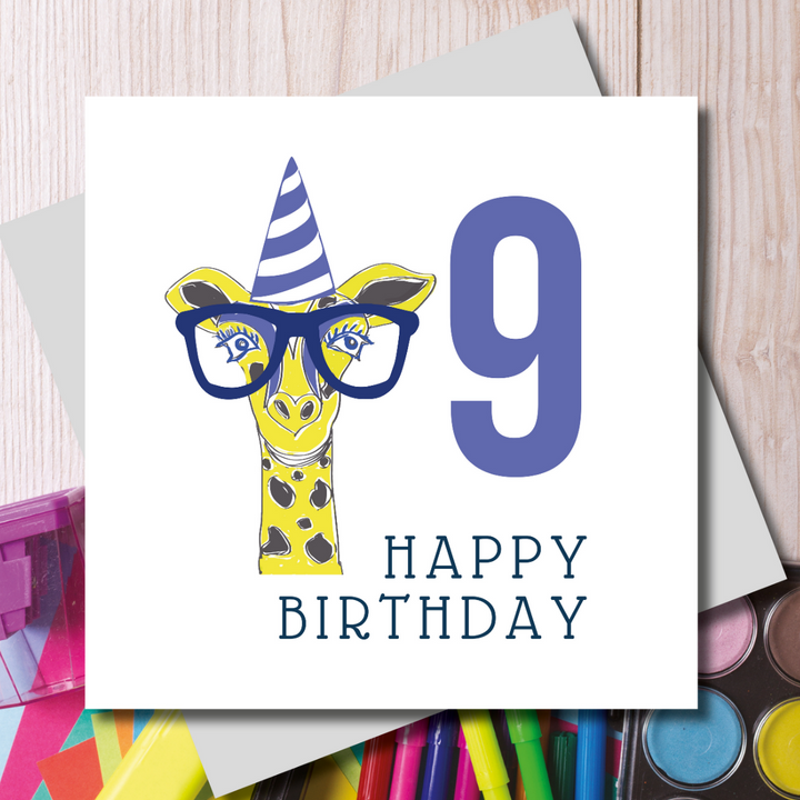Mini Giraffe Fun 9th Birthday Card