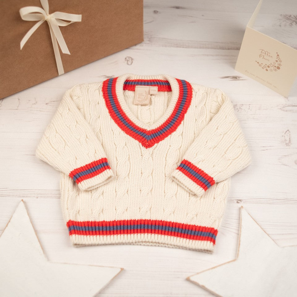Boys Cricket Jumper Cream With Red and Storm Blue Stripes